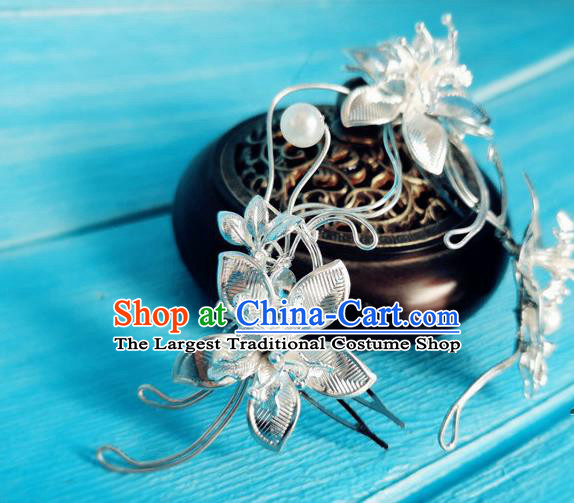 Chinese Ancient Young Lady Argent Orchids Hair Comb Song Dynasty Court Beauty Hairpin Traditional Hanfu Hair Accessories