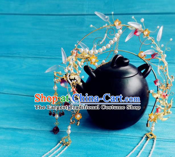 Chinese Ancient Goddess Golden Hair Crown Tang Dynasty Princess Hairpin Traditional Hanfu Pearls Tassel Hair Clasp