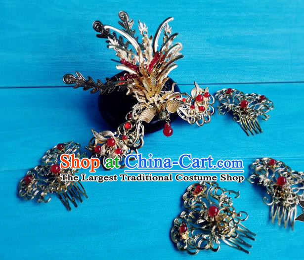 Chinese Traditional Hanfu Hair Accessories Ancient  Queen Golden Phoenix Hair Crown Song Dynasty Empress Cao Danshu Hair Combs