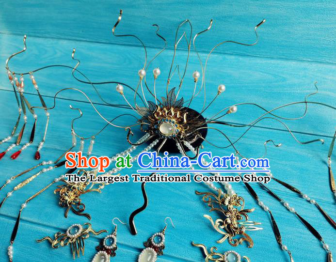 Chinese Ancient Fairy Queen Tassel Hairpins Traditional Hanfu Hair Accessories Jin Dynasty Empress Golden Lotus Hair Crown