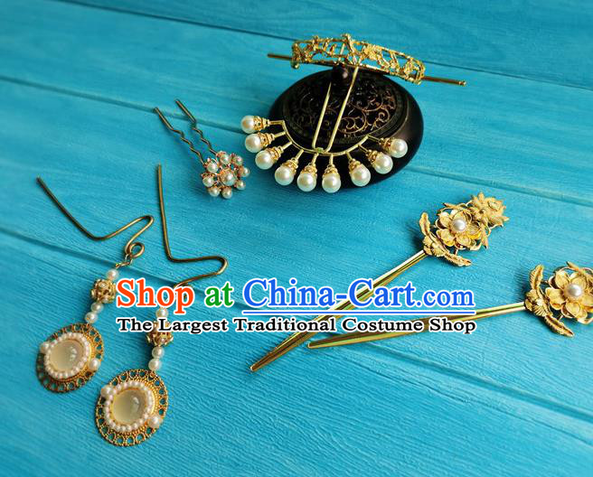 Chinese Traditional Wedding Hanfu Hair Accessories Ming Dynasty Princess Golden Hairpins Ancient Palace Lady Hair Crown Full Set