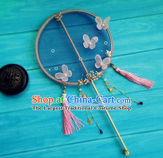 Handmade Chinese Tang Dynasty Princess Blue Silk Fan Traditional Hanfu Circular Fan Wedding Palace Fan