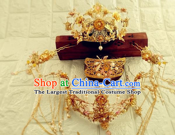 Chinese Ming Dynasty Queen Golden Hair Crown Traditional Hanfu Hair Accessories Ancient Wedding Bride Hairpins