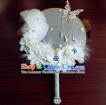 Handmade Chinese Bride Prop Fan Traditional Hanfu Silk Fan Wedding White Feather Palace Fan