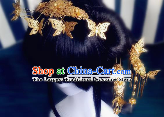 Chinese Ming Dynasty Golden Butterfly Hair Crown Traditional Hanfu Wedding Hair Accessories Ancient Bride Tassel Hairpins