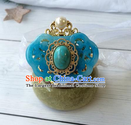 Chinese Ancient Noble Childe Blue Hairdo Crown Classical Swordsman Headwear Traditional Ming Dynasty Prince Hair Accessories