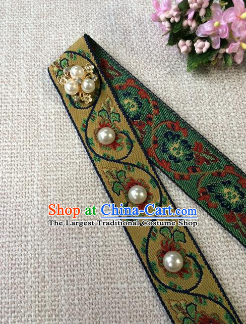 Chinese Ancient Elderly Woman Hair Clasp Ming Dynasty Dowager Countess Pearls Forehead Accessories Traditional Hanfu Embroidered Yellow Headband