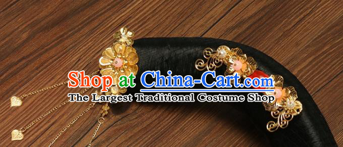 China Traditional Qing Dynasty Headdress Ancient Manchu Lady Wigs and Hairpins Drama Princess of Pearl Hairpieces