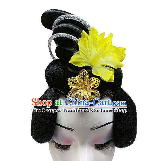 Chinese Stage Performance Wigs Chignon Headdress Classical Dance Hairpieces Traditional Woman Group Dance Yellow Flower Hair Accessories