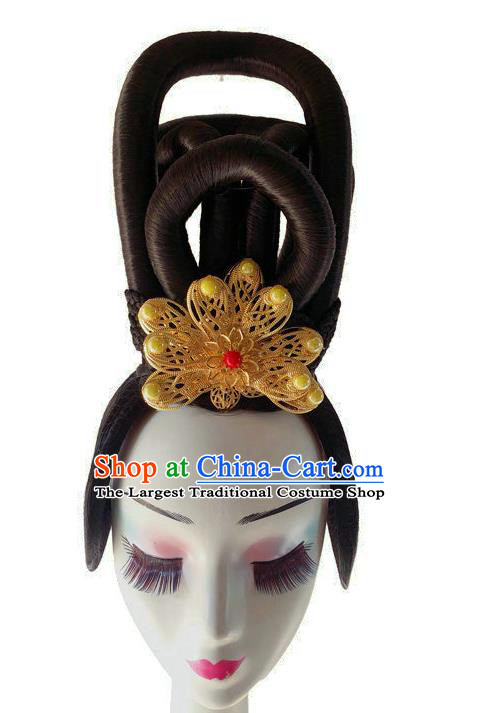 Chinese Woman Stage Performance Hairpieces Traditional Tang Dynasty Beauty Dance Headdress Classical Court Dance Wigs