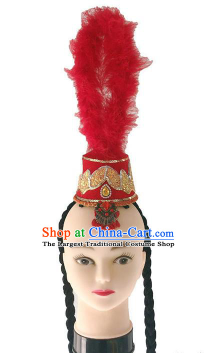 China Ethnic Folk Dance Red Hat Kazak Nationality Dance Headdress Xinjiang Minority Performance Feather Headwear