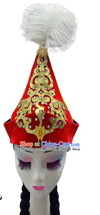 China Kazak Minority Performance Headwear Xinjiang Ethnic Woman Dance Headdress Kazakh Nationality Dance Red Hat