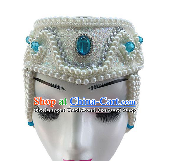 China Mongolian Ethnic Dance White Hat Mongol Nationality Dance Headdress Woman Stage Performance Pearls Headwear