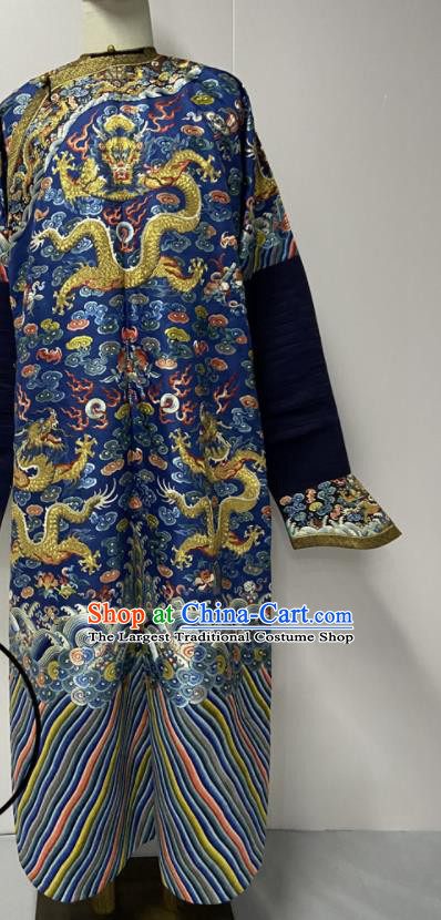 China Ancient Royalblue Imperial Dragon Traditional Manchu Monarch Historical Garment Costume Qing Dynasty Emperor Embroidered Dragon Robe Clothing