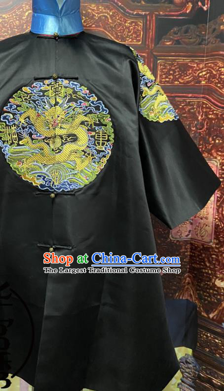 China Qing Dynasty Manchu Monarch Embroidered Dragon Robe Clothing Ancient Black Official Garment Traditional Emperor Kangxi Historical Costume