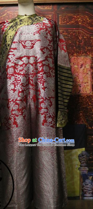 China Qing Dynasty Manchu Embroidered Dragon Robe Clothing Ancient Monarch Red Brocade Imperial Robe Garment Traditional Emperor Historical Costume