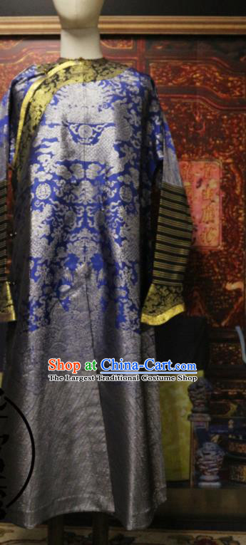 China Traditional Emperor Historical Costume Qing Dynasty Manchu King Dragon Robe Clothing Ancient Monarch Blue Brocade Imperial Robe Garment