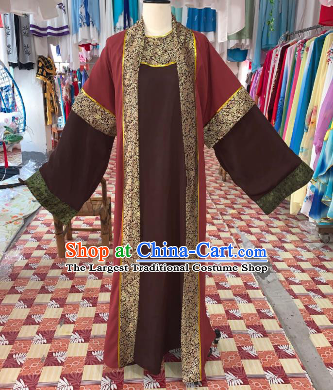 China Shaoxing Opera Laosheng Garment Costume Beijing Opera Elderly Male Brown Robe Uniforms Traditional Opera Landlord Clothing