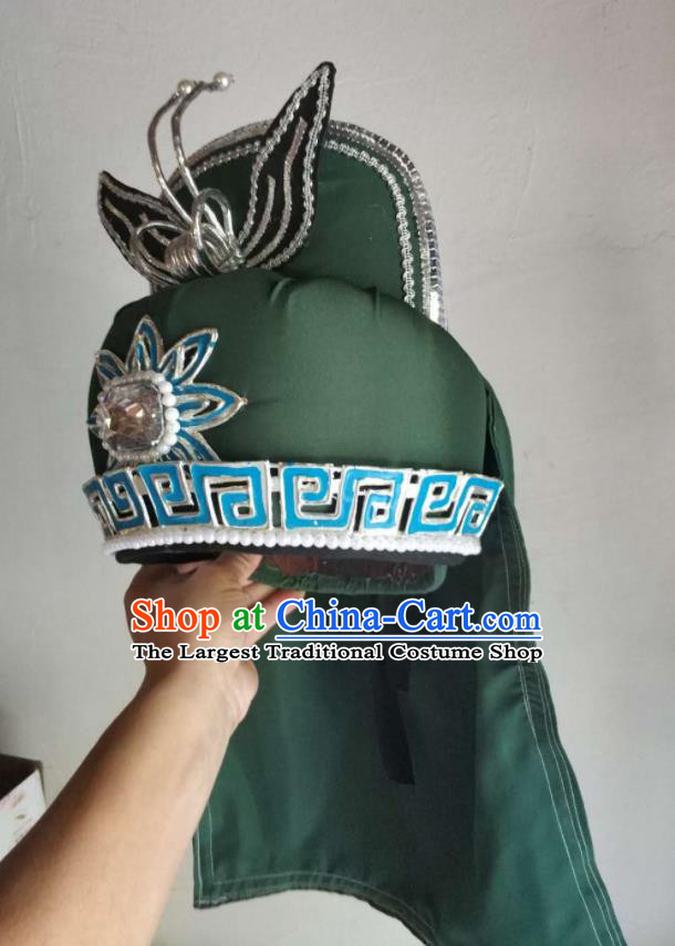 Chinese Traditional Beijing Opera Imperial Bodyguard Green Hat Peking Opera Wusheng Headwear Shaoxing Opera General Headdress