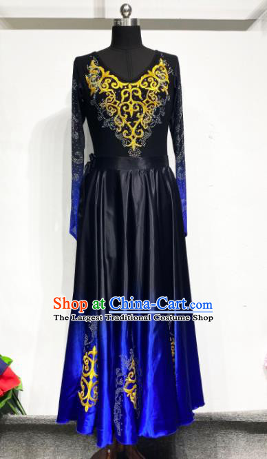 Chinese Xinjiang Ethnic Performance Costume Woman Dance Garments Uyghur Minority Deep Blue Dress Outfits Uighur Nationality Dance Clothing