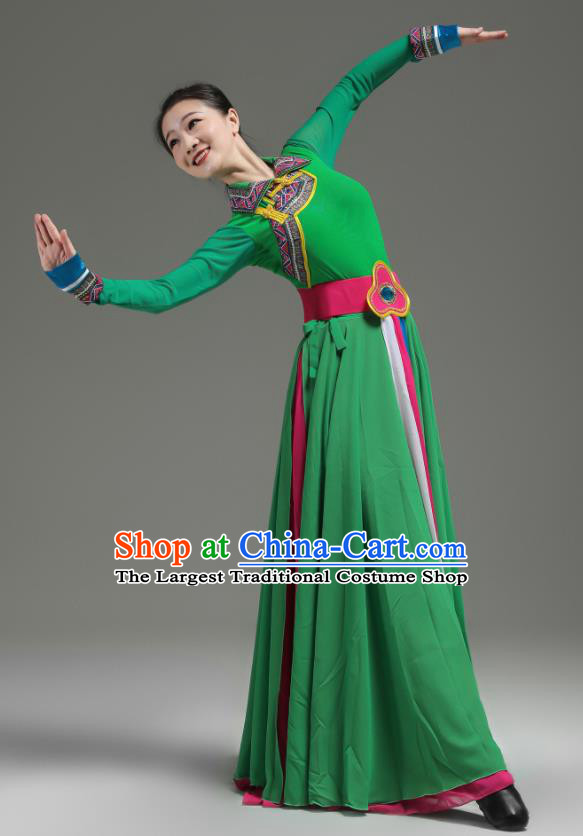 Chinese Mongolian Minority Green Dress Outfits Mongol Nationality Dance Clothing Ethnic Performance Costume Woman Dance Garments