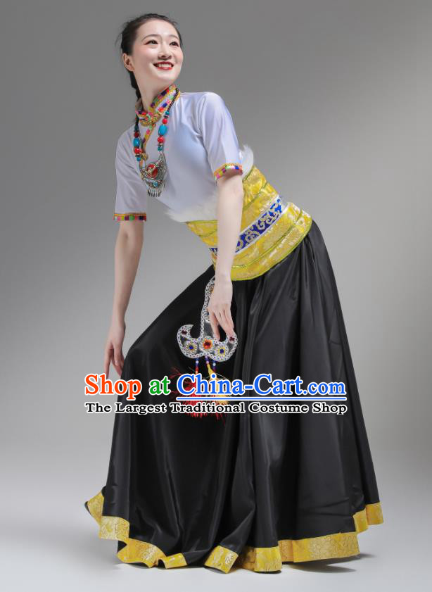 Chinese Zang Nationality Clothing Folk Dance Costume Ethnic Woman Garments Tibetan Minority Performance Black Dress Outfits