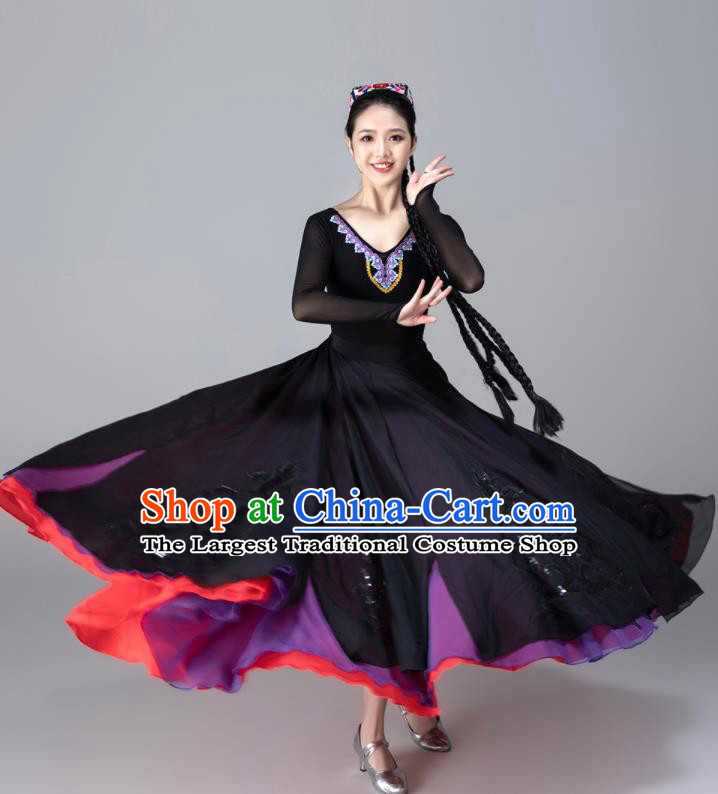 Chinese Xinjiang Performance Garments Uighur Minority Woman Black Dress Ethnic Dance Outfits Uyghur Nationality Folk Dance Clothing