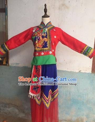 Chinese Ethnic Stage Performance Red Outfits She Nationality Folk Dance Clothing Woman Dance Garments Dong Minority Festival Dress