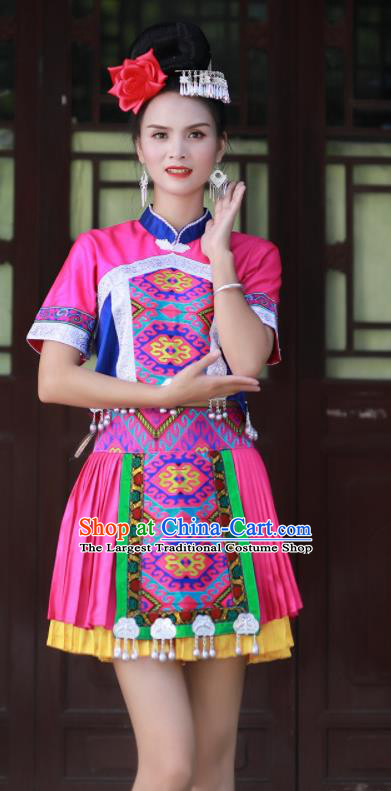 Chinese Miao Nationality Folk Dance Clothing Hmong Minority Female Short Dress Guizhou Ethnic Festival Performance Rosy Outfits