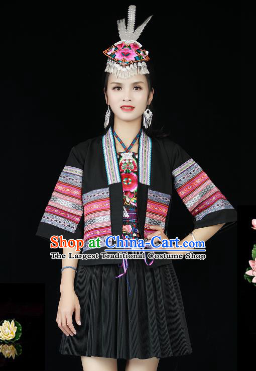 Chinese Hmong Minority Female Short Dress Xiangxi Ethnic Festival Performance Black Outfits Miao Nationality Folk Dance Clothing