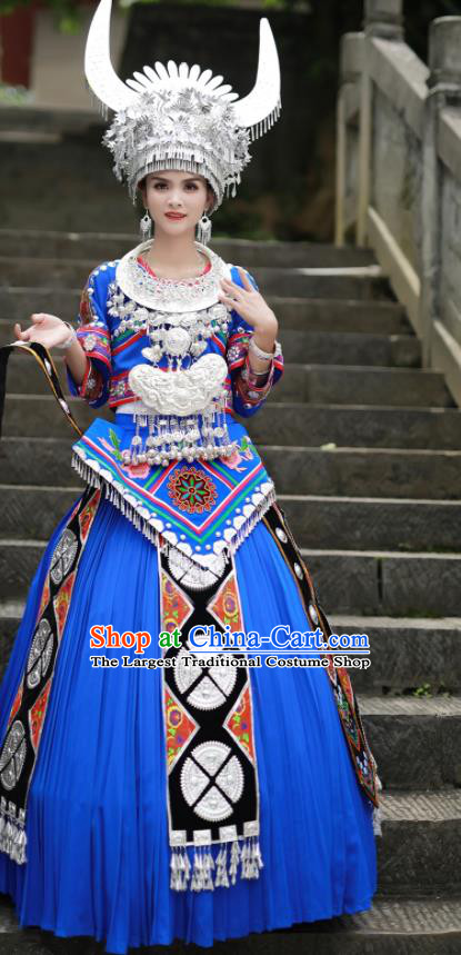 Chinese Miao Nationality Wedding Bride Clothing Hmong Minority Stage Performance Blue Dress Xiangxi Ethnic Festival Outfits