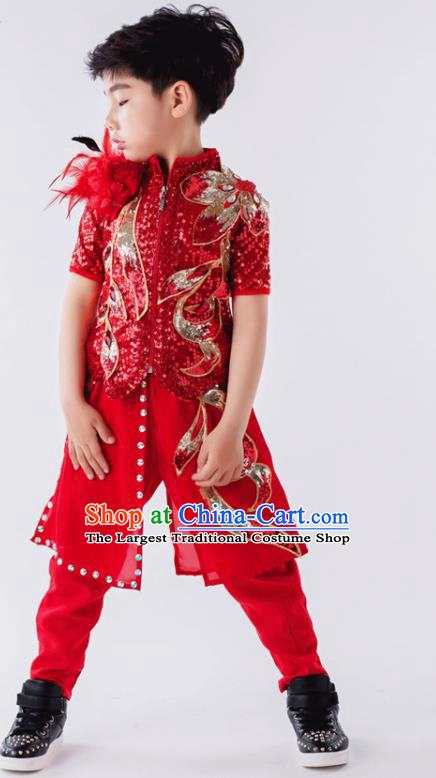 China Yangko Dance Costumes Boys Folk Dance Clothing Children Stage Performance Red Suits Drum Dance Outfits