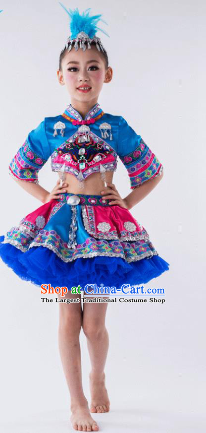 China Ethnic Children Performance Costumes She Minority Kids Dance Blue Dress Uniforms Yi Nationality Girl Apparels