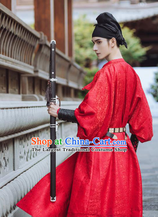 China Ancient Swordsman Garment Costume Traditional Hanfu Red Robe Tang Dynasty Young Hero Historical Clothing