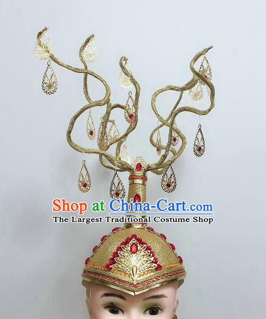 China Mongolian Ethnic Performance Headdress Mongol Nationality Dance Hair Accessories Minority Folk Dance Golden Hat