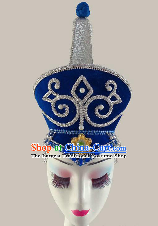 China Mongolian Ethnic Performance Blue Hat Mongolian Nationality Folk Dance Headdress Minority Dance Headwear