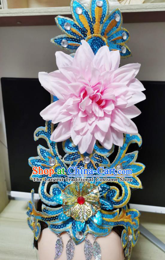 Chinese Woman Group Dance Hair Accessories Stage Performance Headdress Modern Dance Headpiece Opening Dance Pink Peony Hair Crown