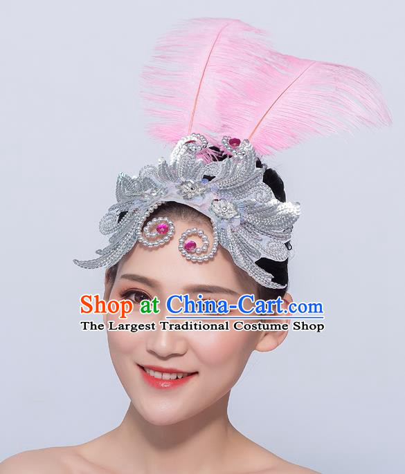 Professional Opening Dance Headdress Yangko Dance Headpiece Folk Dance Hair Accessories Fan Dance Pink Feather Hair Stick