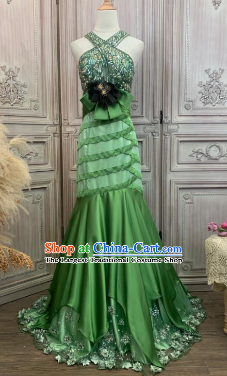 Top Annual Meeting Formal Attire Wedding Green Trailing Full Dress Waltz Dance Embroidery Sequins Clothing European Vintage Garment Costume