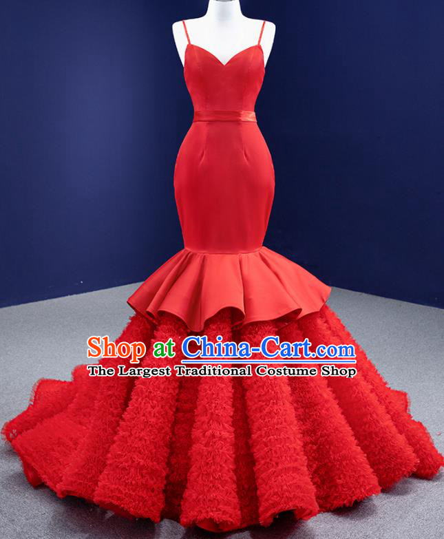 Custom Bride Red Fishtail Dress Stage Performance Garment Costume Luxury Bridal Gown Wedding Dress