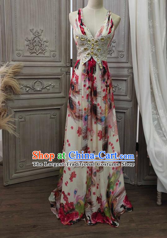 Top European Printing Peacock Garment Costume Annual Meeting Dance Formal Attire Wedding Diamante Full Dress Compere Performance Clothing