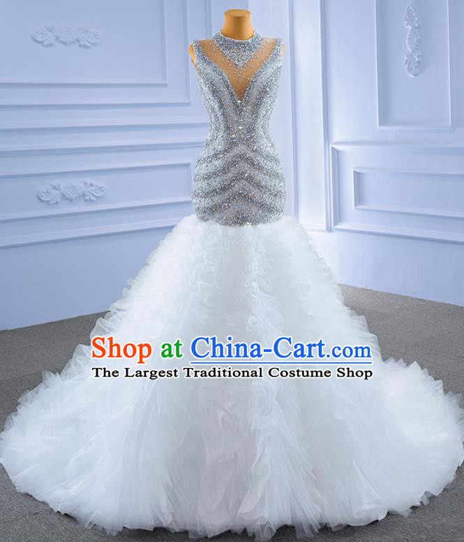 Custom Stage Show Costume Luxury Trailing Bridal Gown Vintage Diamante Wedding Dress Ceremony Formal Garment Bride Full Dress