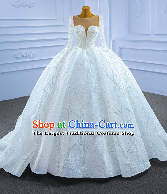 Custom Stage Show Costume Compere Clothing Vintage Luxury Trailing Wedding Dress Ceremony Formal Garment Bride Embroidery Sequins Full Dress