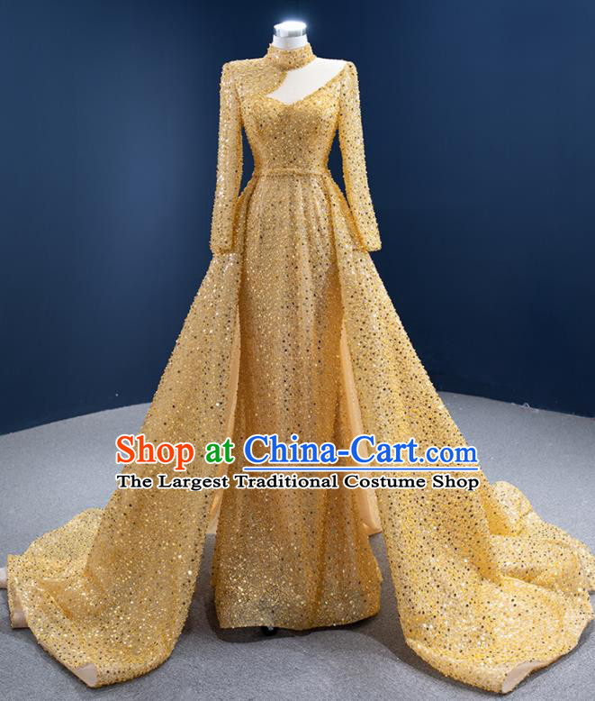 Custom Vintage Luxury Embroidery Sequins Wedding Dress Ceremony Formal Garment Bride Golden Trailing Full Dress Stage Show Costume Compere Clothing