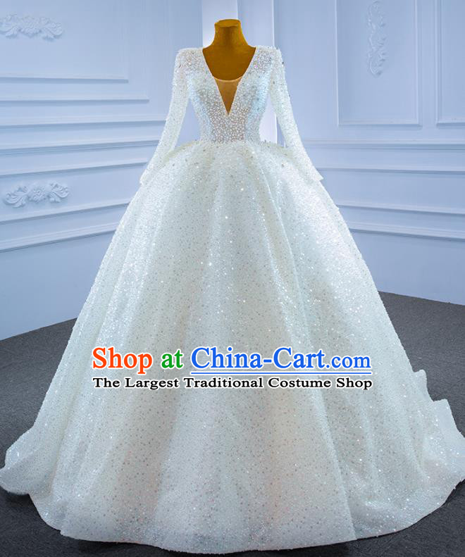 Custom Marriage Ceremony Formal Garment Bride Vintage Embroidery Pearls Full Dress Catwalks Costume Compere Stage Clothing Luxury White Trailing Wedding Dress