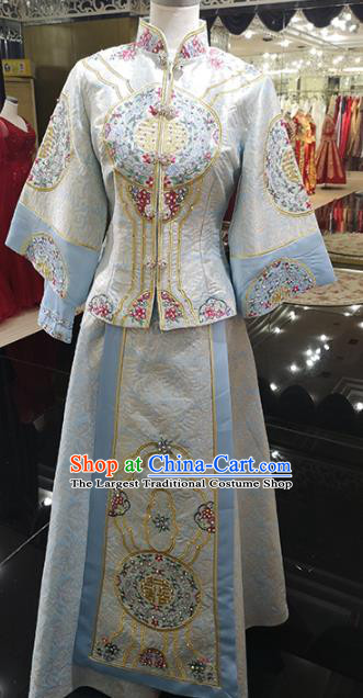 China Traditional Embroidery Xiuhe Suits Ancient Bride Attire Clothing Wedding Garment Costumes Light Blue Dress Outfits