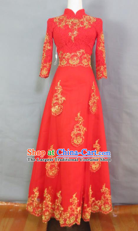 China Classical Red Cheongsam Traditional Qipao Dress Bride Toasting Clothing Wedding Garment Costumes