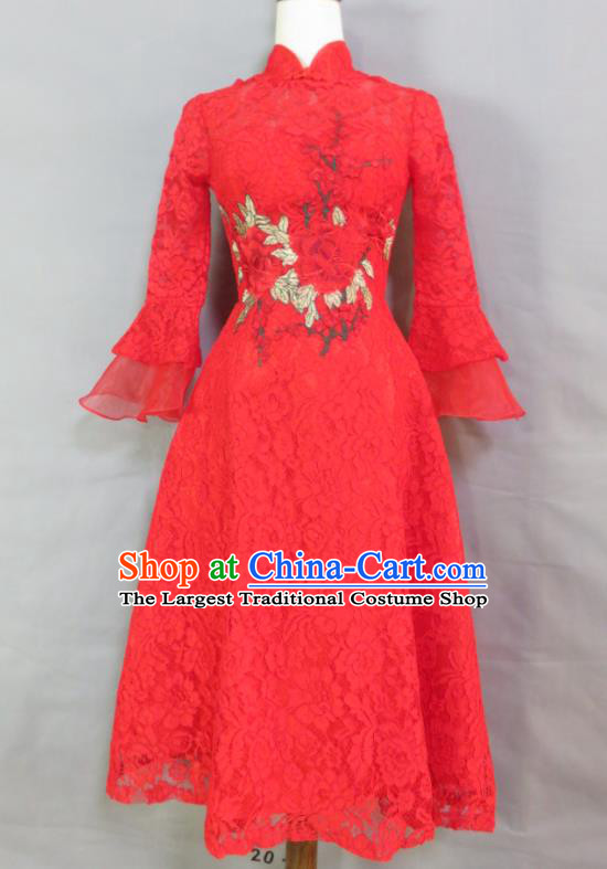 China Bride Toasting Clothing Wedding Garment Costumes Classical Red Lace Cheongsam Traditional Short Qipao Dress