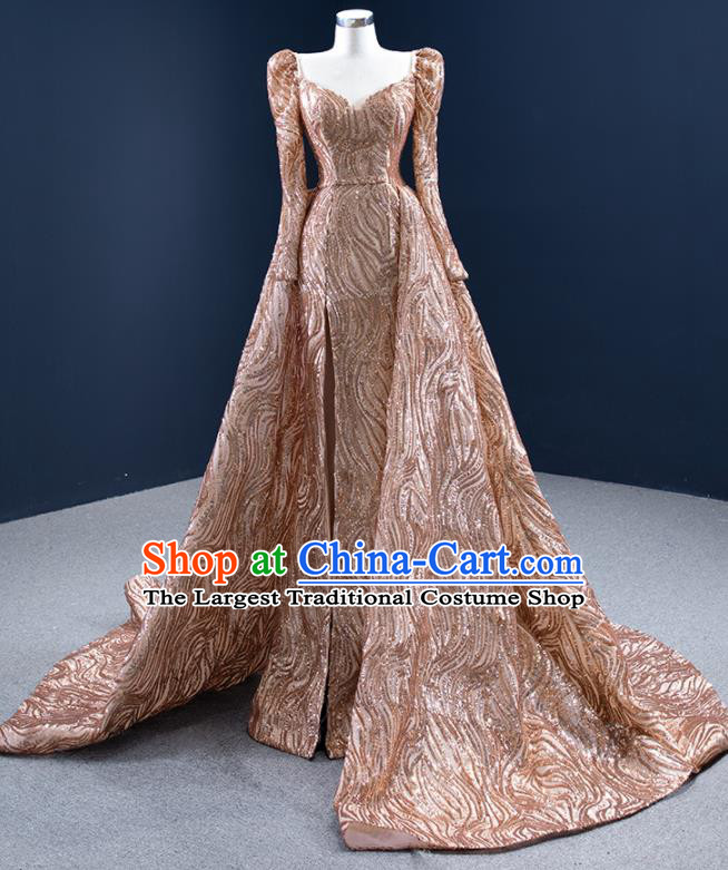 Custom Ceremony Garment Marriage Bride Golden Trailing Full Dress Catwalks Formal Costume Compere Vintage Clothing Luxury Wedding Dress