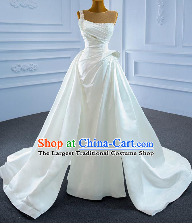 Custom Luxury Embroidery Pearls Wedding Dress Ceremony Garment Marriage Bride White Satin Trailing Full Dress Catwalks Formal Costume Compere Vintage Clothing